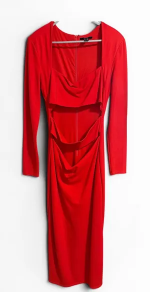 Forever 21 Red Cutout Cowl Neck Long Sleeve Bodycon‎ Midi Dress Womens XL thumbnail 1