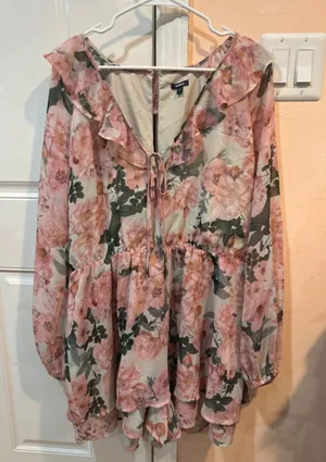 Express Floral Ruffle Tie-Neck Romper - Pink thumbnail 1
