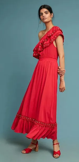 MISA Los Angeles Safa Red One Shoulder Ruffle Maxi Dress Women's XS $400 thumbnail 1
