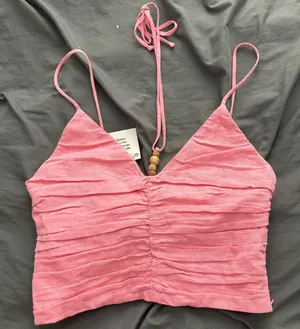 ZARA Wooden Bead Pink Linen Halter thumbnail 1