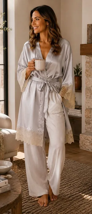 Flora Nikrooz Silver Satin Lace Trim Kimono Robe XL Loungewear Bridal thumbnail 1