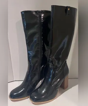 Leila Stone Vegan Black Patent Leather Cynira Knee-High Boots Block Heel Size 10 thumbnail 2