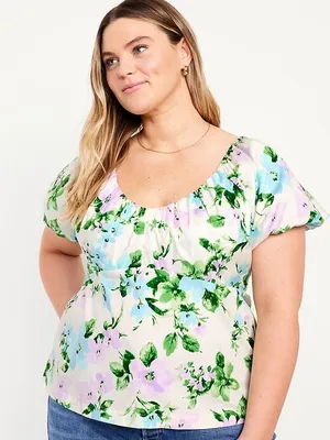 Old Navy White Floral Puff-Sleeve Square Neck Top - Blue & Green thumbnail 1