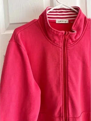 Orvis Womens Pink Full Zip Sweatshirt Mock Neck Stripe Trim XL (No Size Tag) thumbnail 4