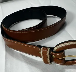 T536. Vintage White Stag Brown Leather Jute Rope Buckle Belt 70s Boho thumbnail 1