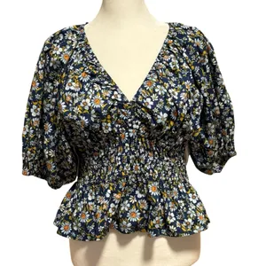 NEW Old Navy Size S Smocked Puffed Sleeve Blouse Top Blue Floral V Neck thumbnail 1