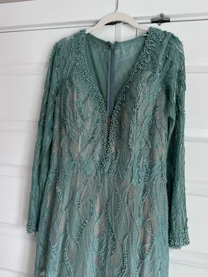 Mac Duggal 79291 Beaded Illusion Long Sleeve Plunge Neck Gown NWT 10‎ Sage thumbnail 5