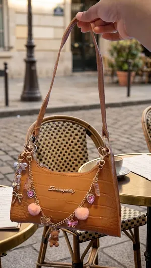 Brown Crocodile Embossed Shoulder Bag with Charm Chain & Teddy Bear Details thumbnail 2