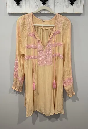 Free People Wind Willow Mini Dress Embroidered Boho Tunic Size Large thumbnail 1