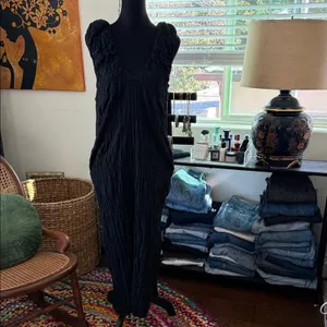 Free People Black Agatha Crinkle Cotton Side Slit Boho Classic Midi Maxi Dress thumbnail 3