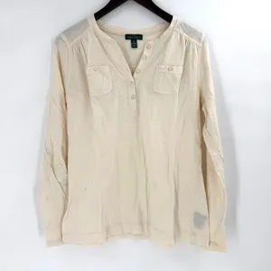 Lauren Ralph‎ Lauren Henley Top Women M Cream Roll Tab Sleeve Coastal Minimalist thumbnail 3