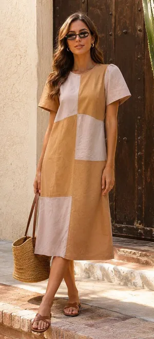 Lost + Wander LA Crème Color Block Cottage Linen Midi Dress Cream Sand OS NWT thumbnail 1