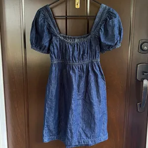 EUC J. Crew Linen Blend Denim Square Neck Puff Sleeve Dress Size 00 thumbnail 8