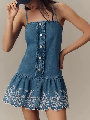 Anthropologie Damson Madder Lana Drop-Waist Mini Dress in Blue Denim thumbnail 1