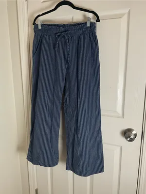 Women’s Blue & White Striped Linen Blend Wide Leg Pants Drawstring Lounge Size L thumbnail 2