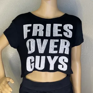 Blush Blinged Fries Over Guys Cropped T-shirt Black With White Writing Large thumbnail 1