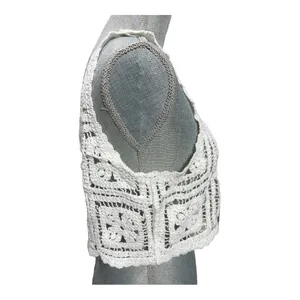 Crochet Knit Cropped Sleeveless Sweater Cardigan in white size M thumbnail 5