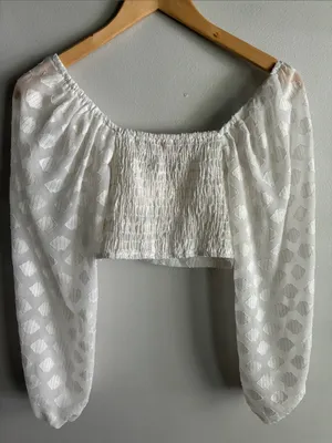 Evolutionary White Swiss Dot Twist Front Crop Top Balloon Sleeve Boho Size S thumbnail 6