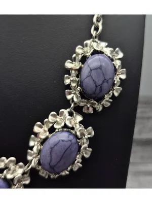 Silver-Tone Necklace W/ Purple Marble Stones & Floral Accents 21" Chain Length thumbnail 6