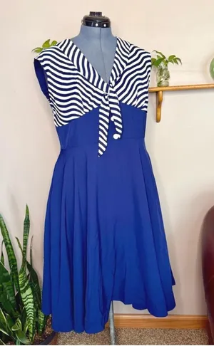 Retro Stage XXL Blue White Striped Sailor Dress Nautical Tie Front Pinup Retro thumbnail 1