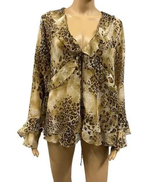 Simonton Says by George Simonton Animal Print Ruffled Kimono QVC Blouse Medium thumbnail 1