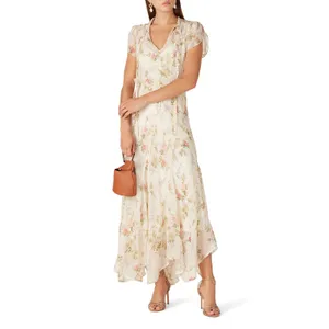 Polo Ralph Lauren Ivory Garden Floral Print Tie Neck Chiffon Maxi Dress Size XS thumbnail 6