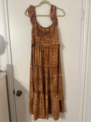 NWT Trixxi Rust Orange Tiered Patchwork-Print Ruffled-Strap Midi Dress Sz Large thumbnail 8