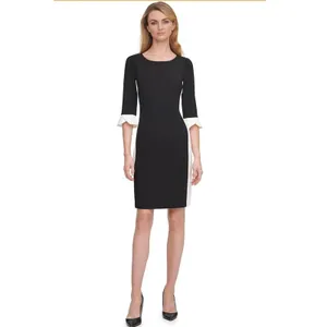 DKNY NWT -1233 Black Ivory Colorblock Sheath Dress 3/4‎ Bell Sleeve Size 8 thumbnail 2