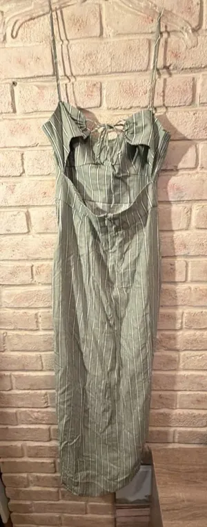 Zara Midi Dress Size XS Sage Green White Striped Slit Backless thumbnail 3