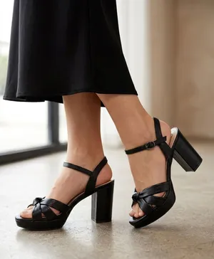 Black Knotted Leather Platform Block-Heel Sandals - Women's thumbnail 1