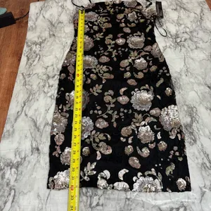 Anthropologie Goldie metallic Floral Sequin Mini Dress black mesh adjustable straps NWT XS thumbnail 6