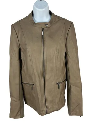 Mo-Ka Womens Faux Leather Jacket M Brown With Zipper Closures & Pockets thumbnail 1