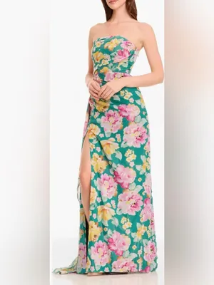 NEW Dress the Population Lulu Metallic Floral Strapless Pine multi Gown sz L thumbnail 3