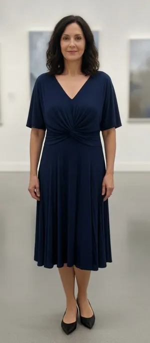 Three Dots EM595 Flutter Sleeve V-Neck Midi Dress Navy Blue Medium Twist Frontl thumbnail 1