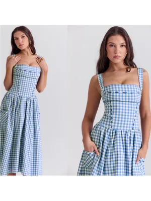 HOUSE OF CB 'Vivien' Regatta Blue Gingham Midi Sundress NEW thumbnail 3