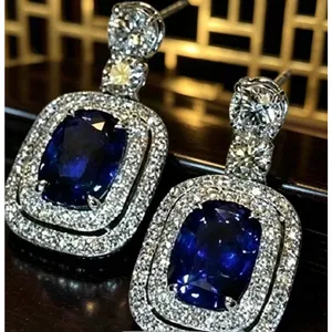 Blue Sapphire and Diamond Halo Drop Earrings thumbnail 3