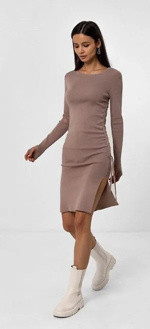 Long Sleeve Side Ruched Midi Dress with Side Slit in Taupe thumbnail 1