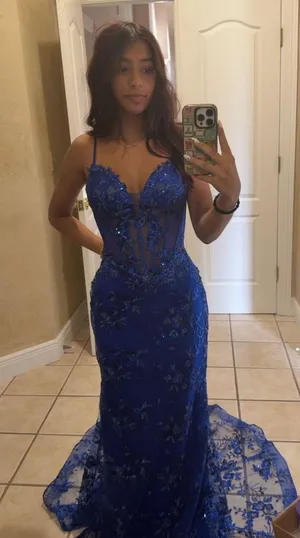 Sparkly Dark Blue Mermaid Spaghetti Straps Corset Sequined Embroidery Tulle Long Prom Dress thumbnail 1