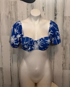 SHEIN Tropical Palm Print Puff Sleeve Bikini Top Womens Small Blue White Underwire thumbnail 1