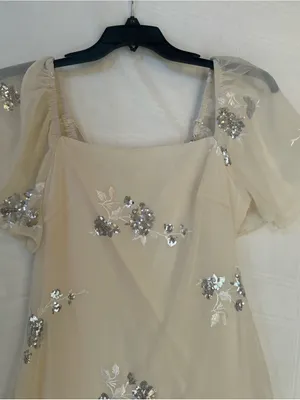 Cream Midi Dress with Silver Sequin Floral Embellishments, Ruffled Hem, Medium. thumbnail 6