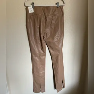 ZARA Faux Leather High Rise Straight Leg Pants Leggings Split‎ Hem Sz XL tan NEW thumbnail 7