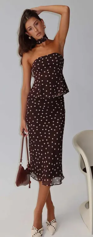 Princess Polly Sydni chocolate brown and pink polka dot scarf strapless top and midi skirt set thumbnail 1