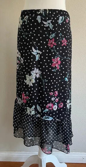 Floral Polka Dot Midi Skirt - Black with Pink & Mint Flowers Size XL thumbnail 1