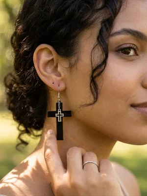 Unique design double‎ layer black cross light weight plastic dangle earrings thumbnail 3