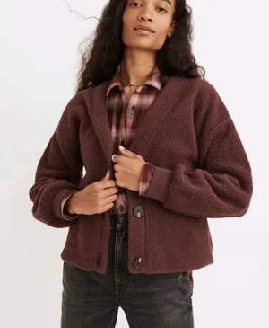 Madewell $98 Re(sourced) Fleece Chocolate Brown Teddy Bear Cardigan Sweater Fall thumbnail 1