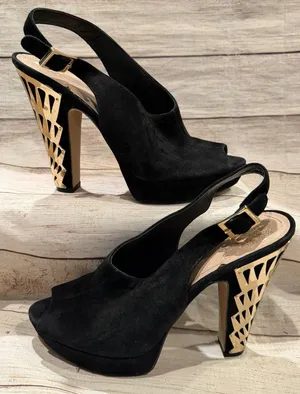 Vince Camuto black suede peep toe shoes Gold Metal Cut Out Heel Size 10 thumbnail 1