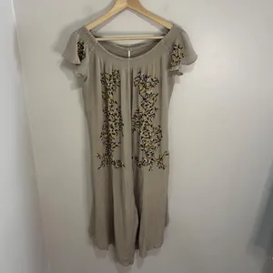 Free People Embroidered Wide Leg Jumpsuit Taupe Beige Boho Smocked Small thumbnail 2