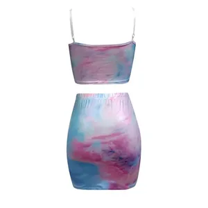 New Womens Yfang Tie Dye Sexy 2 Piece Bodycon Ourlfit / Cropped Tank Skirt Sz L thumbnail 3