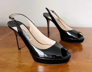 Jimmy Choo • Nova 100 slingback peep toe heels black patent leather stiletto thumbnail 1