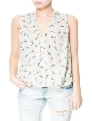 Zara Trafaluc Womens XS White Colorful Giraffe Print Sleeveless‎ Wrap Blouse Top thumbnail 1